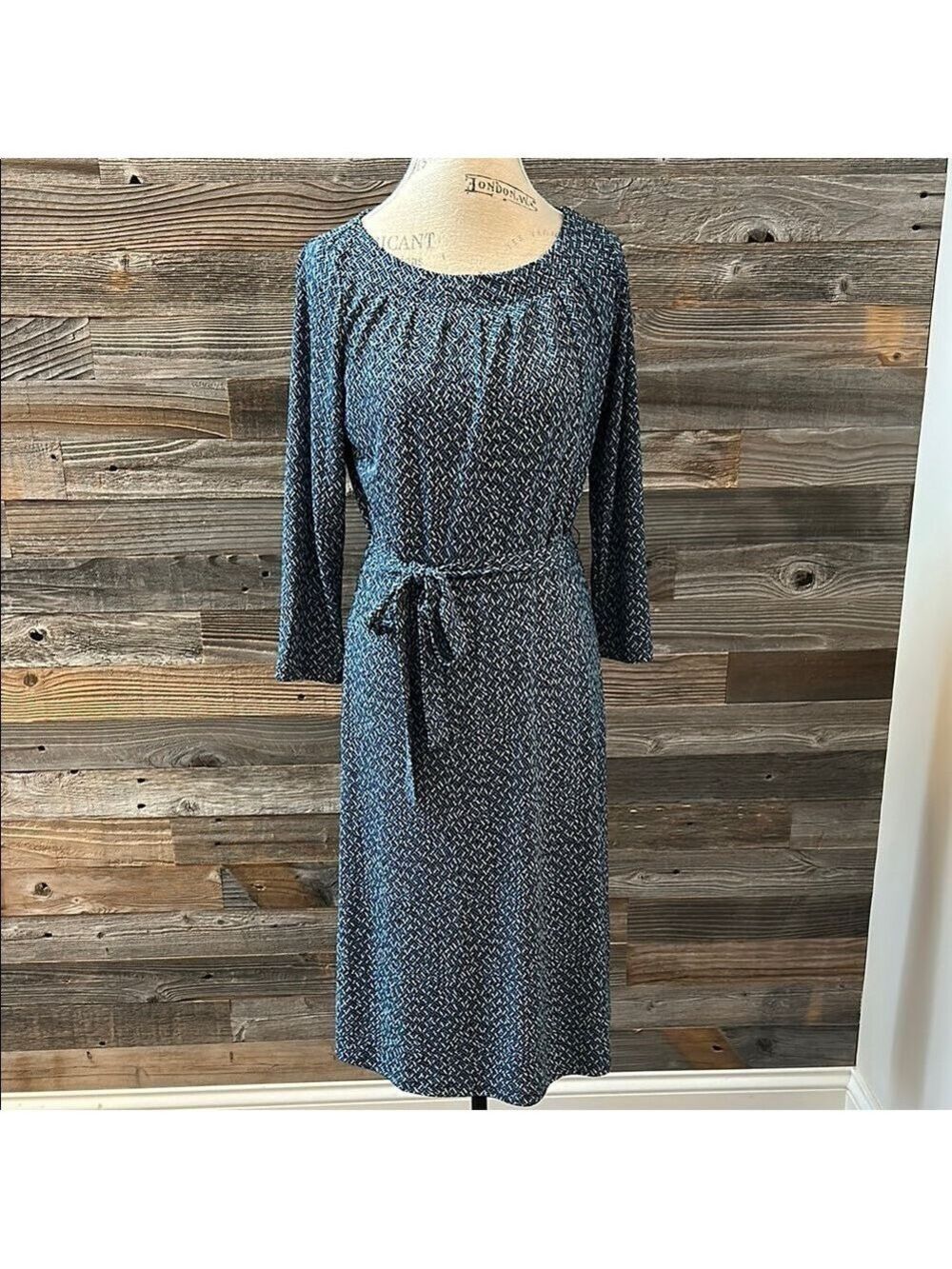 Lands End Blue Patterned Midi Tie Waist 3/4 Length Sleeve Dress Size XS 2-4 - Picture 1 of 9